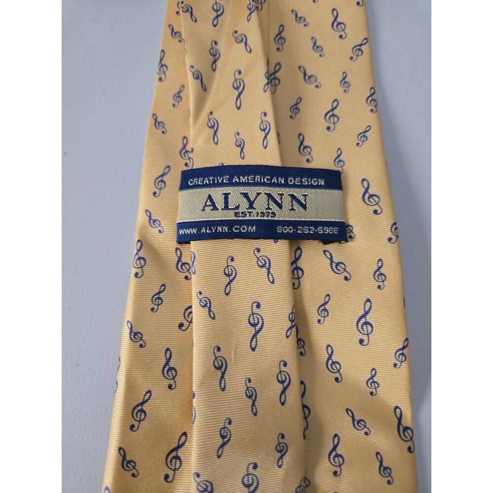 Alynn Yellow Tie Blue Musical Notes Handmade 100%‎ Silk - Picture 2 of 4
